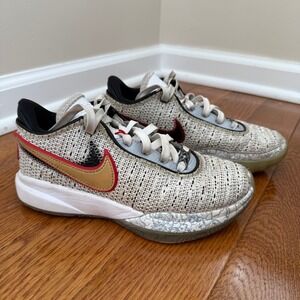 Nike LeBron 20 Kids Basketball Shoes Cream Gold Red Lace Up Low‎ Top Sneakers